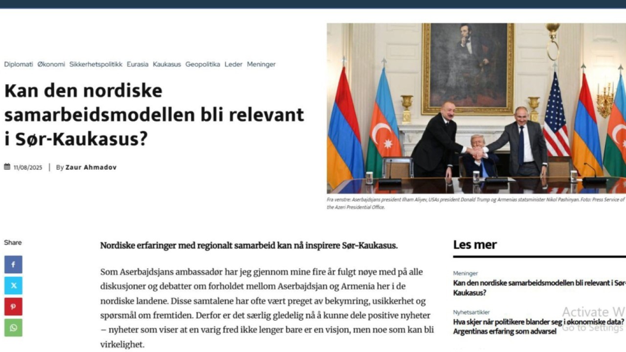 Norveçin “Geopolitika” nəşrində Vaşinqtonda imzalanan saziş haqqında məqalə dərc olundu